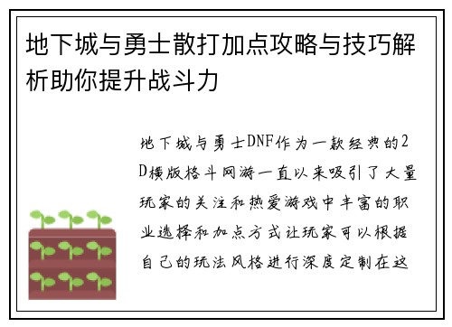 地下城与勇士散打加点攻略与技巧解析助你提升战斗力
